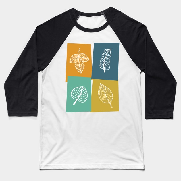 White Leaves on Gold Blue Orange Turquoise Rectangles Baseball T-Shirt by OrchardBerry